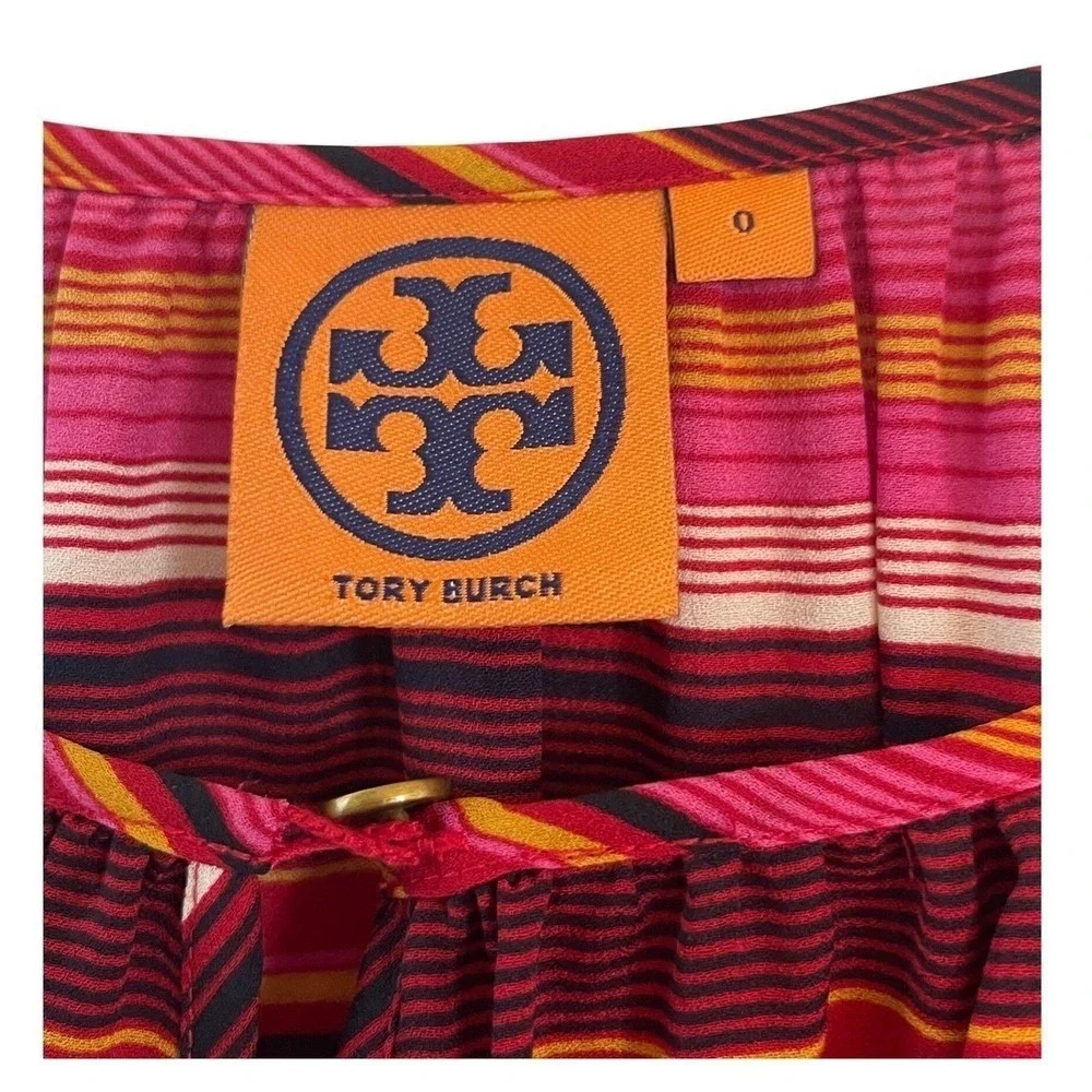 Tory Burch Striped Silk Blouse Women Size 0 Pink‎ Orange Excellent Peasant Top